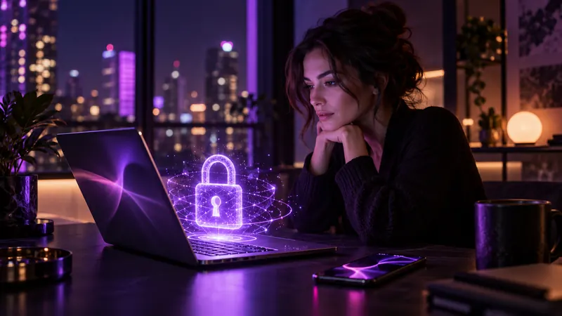Chatgpt nsfw: mulher pensativa diante de um notebook com um cadeado roxo luminoso acima da tela
