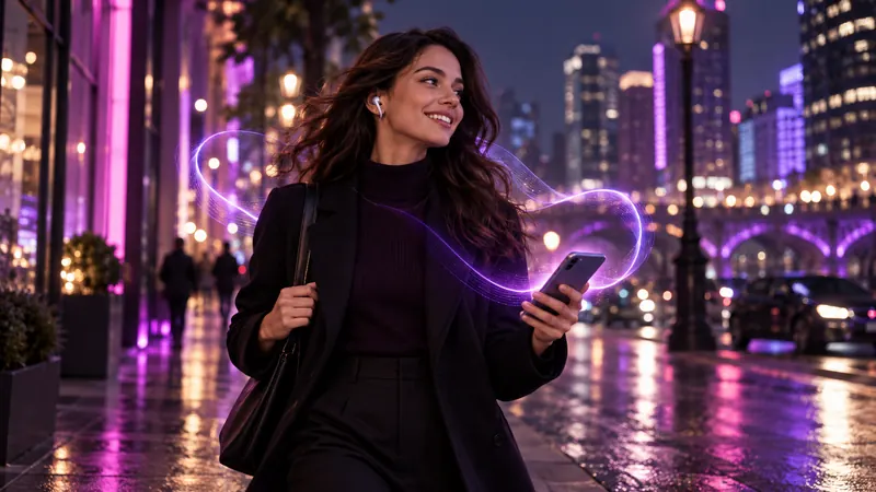 Namorada ia com voz: mulher sorridente de fones de ouvido andando por uma rua à noite, com uma onda sonora luminosa ao redor do celular