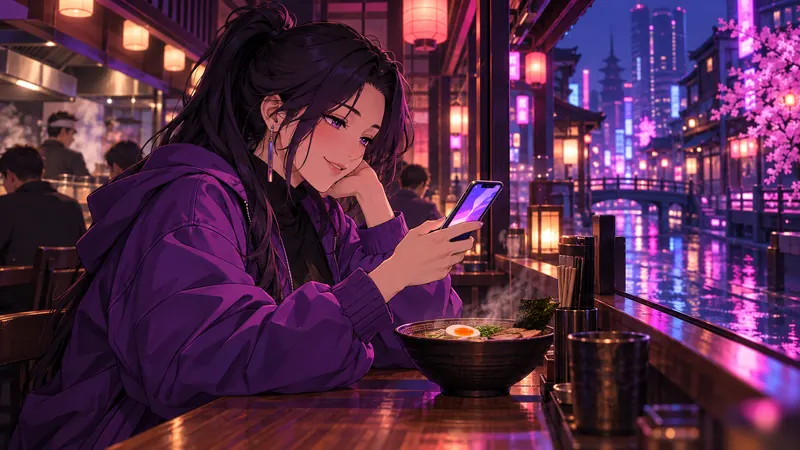 Namorada ia anime: ilustração em estilo anime de uma mulher adulta de jaqueta roxa no balcão de um restaurante de lámen, sorrindo para o celular
