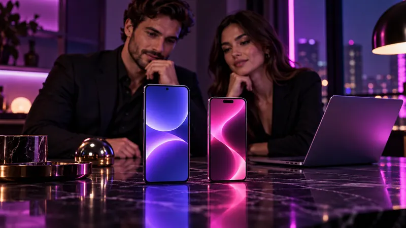 App de namorada virtual: homem e mulher atrás de dois smartphones diferentes em pé sobre uma mesa de mármore