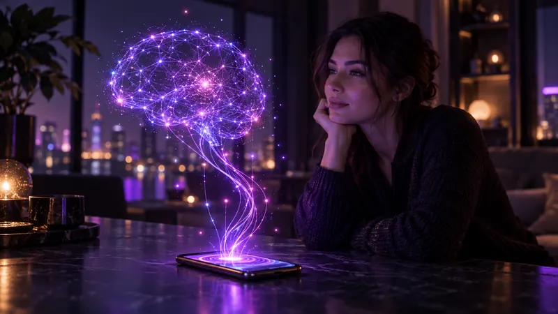 Como funciona namorada ia: mulher observando um cérebro luminoso feito de pontos de dados saindo de um smartphone