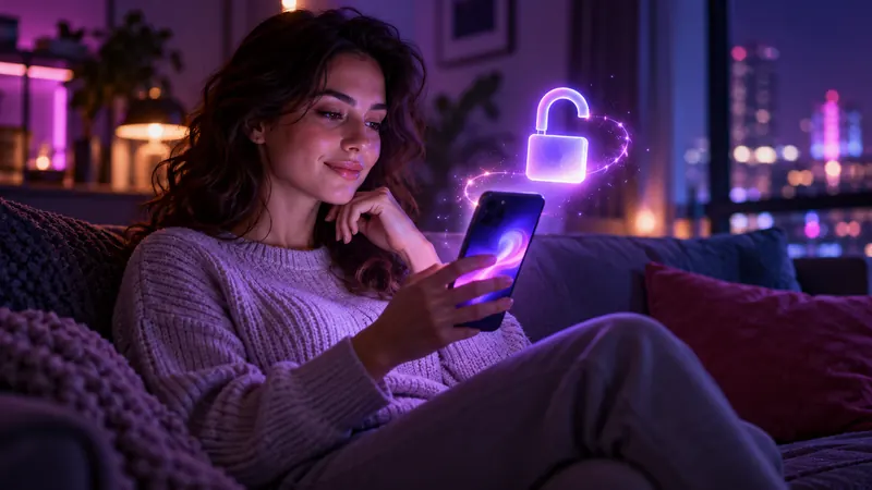 Namorada ia grátis: mulher sorridente no sofá com o smartphone, ao lado de um cadeado aberto luminoso perto da tela