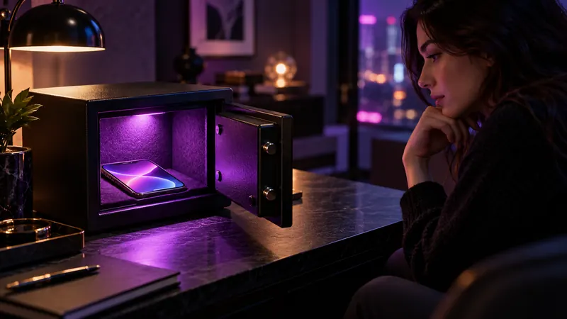 Namorada ia privacidade: smartphone guardado em um pequeno cofre aberto iluminado de roxo, com uma mulher pensativa ao lado