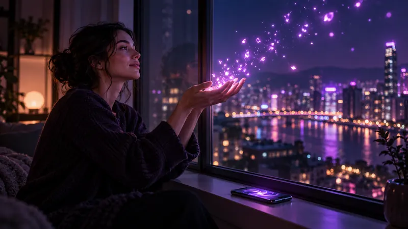 Ia sem censura grátis: mulher perto de uma janela à noite, com partículas de luz roxa escapando das mãos