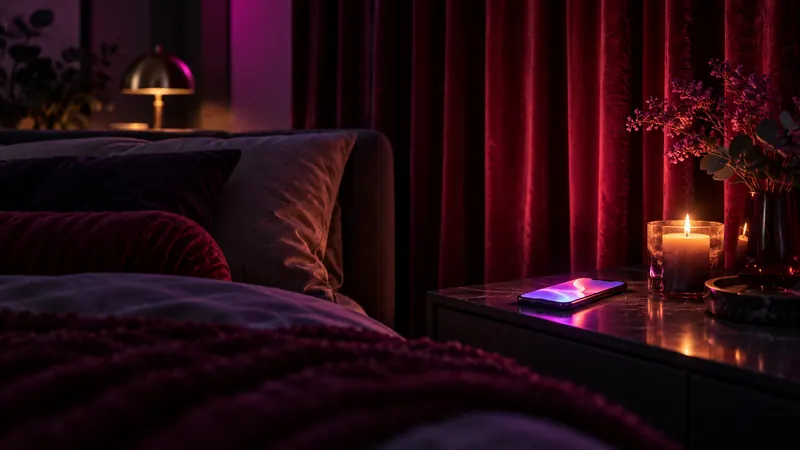 Ia sexo: quarto escuro com cortina de veludo vermelho, um smartphone aceso e uma vela no criado-mudo