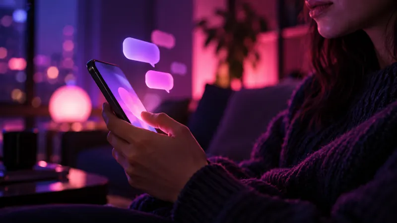 Sexting com ia: mão segurando um smartphone em um ambiente escuro, com balões de mensagem luminosos acima da tela