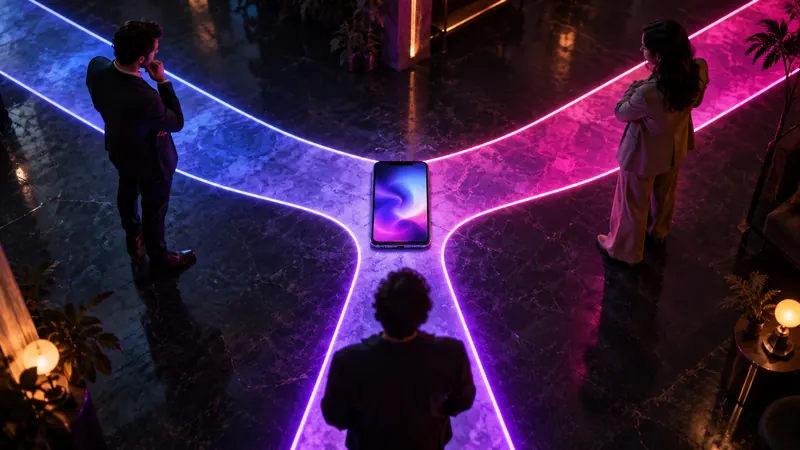 Alternativa janitor ai: cruzamento de três caminhos iluminados visto de cima, com um smartphone no centro e pessoas em cada ponta