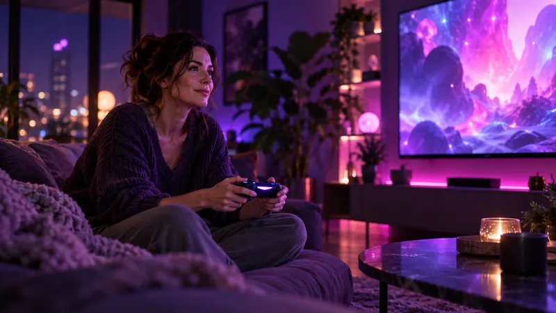 Lovescape ai: mulher jogando videogame com controle no sofá, diante de uma tela grande com formas rosa e roxas