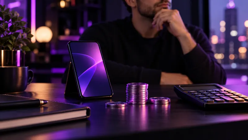 Ourdream ai preço: smartphone, pilha de moedas roxas e calculadora sobre uma mesa escura, com um homem pensativo ao fundo