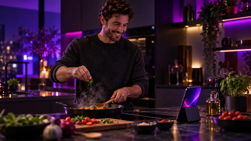 Namorado ia: homem sorridente cozinhando à noite, com um smartphone apoiado na bancada