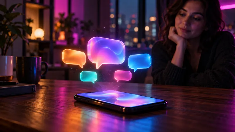 Polybuzz em português: balões de conversa luminosos de cores diferentes sobre um smartphone, com uma mulher apoiada nos cotovelos ao fundo