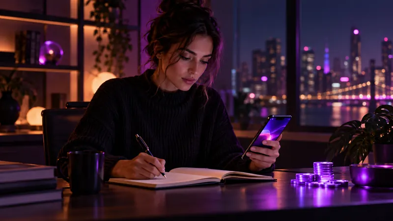 Candy ai preço: mulher fazendo anotações em um caderno com o smartphone ao lado e algumas moedas roxas sobre a mesa