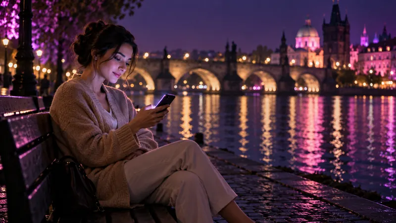Replika em português: mulher de cardigã bege lendo no celular em um banco à beira de um rio, com uma ponte antiga iluminada
