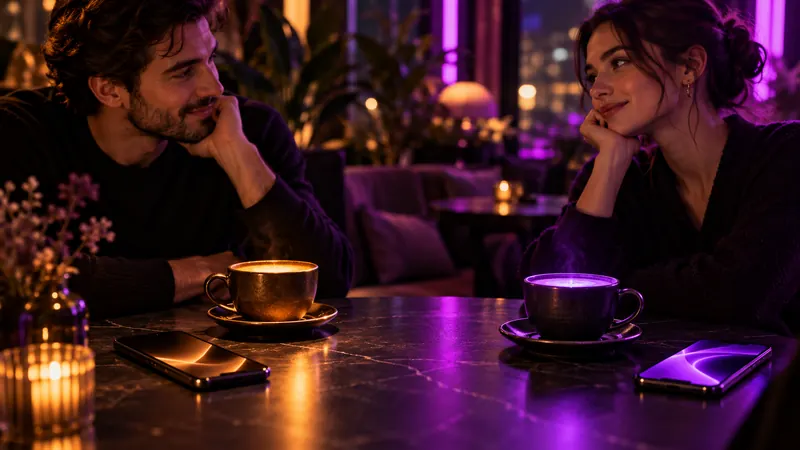 Replika vs candy ai: homem e mulher sentados à mesa diante de duas xícaras, uma com luz âmbar e outra com luz roxa, e dois smartphones