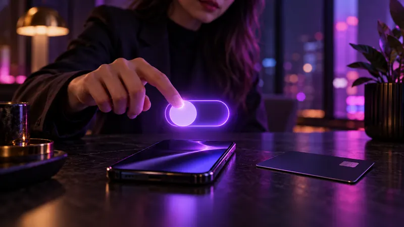 Cancelar candy ai: dedo apertando um interruptor iluminado acima de um smartphone, ao lado de um cartão de crédito virado para baixo