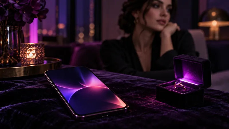 Secrets ai preço: smartphone sobre veludo escuro ao lado de um pequeno estojo luminoso, com uma mulher ao fundo