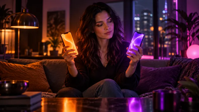 Spicychat review: mulher no sofá segurando dois smartphones, um laranja e outro roxo