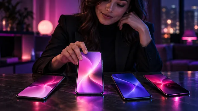Melhores alternativas ao Candy AI: mulher escolhendo um smartphone entre quatro telas iluminadas sobre uma mesa