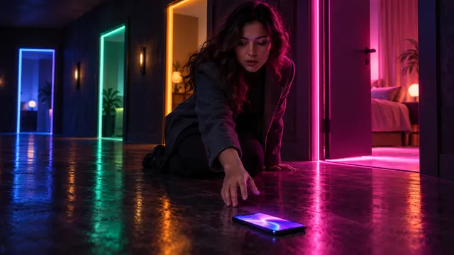 Melhores alternativas ao Character.AI: mulher pegando um smartphone do chão em um corredor de portas iluminadas de cores diferentes