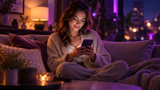 Melhores alternativas ao Replika: mulher de cardigã bege sorrindo para o celular no sofá, à noite