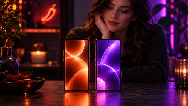 Melhores alternativas ao SpicyChat: mulher apoiada nos cotovelos atrás de dois smartphones, um laranja e outro roxo