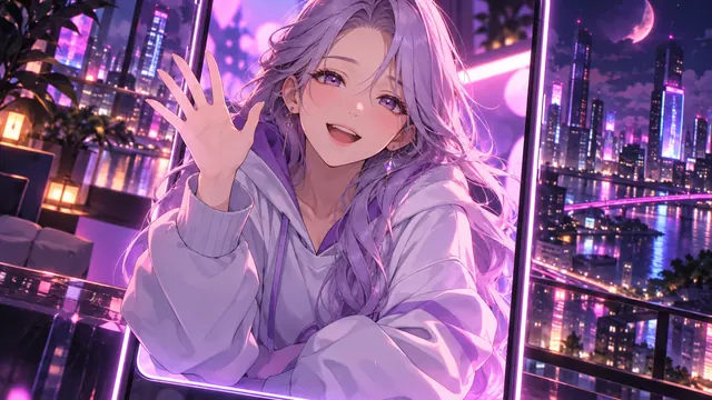 Melhor namorada IA anime: ilustração em estilo anime de uma mulher adulta de cabelo lavanda e moletom, acenando de uma tela em uma cidade neon