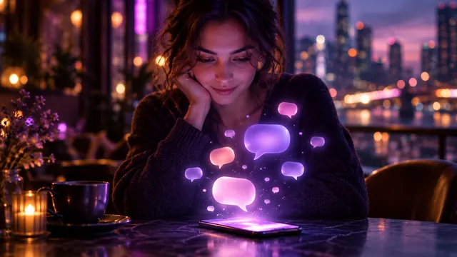Melhor namorada IA em português: mulher sorridente em uma mesa de café, com balões de conversa iluminados subindo do smartphone