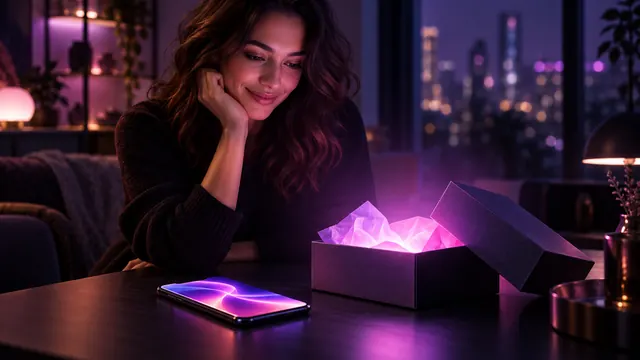Melhor namorada IA grátis: mulher sorridente diante de um smartphone e de uma caixa de presente aberta de onde sai uma luz roxa
