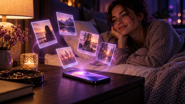 Melhor namorada IA com memória: mulher sorridente perto de um criado-mudo, com fotos de recordação iluminadas flutuando acima do smartphone