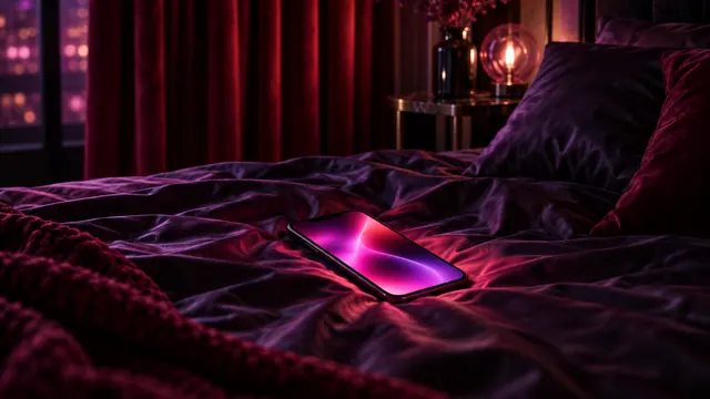Melhor namorada IA NSFW: smartphone sobre lençóis de seda escuros, brilho magenta e cortina de veludo vermelho