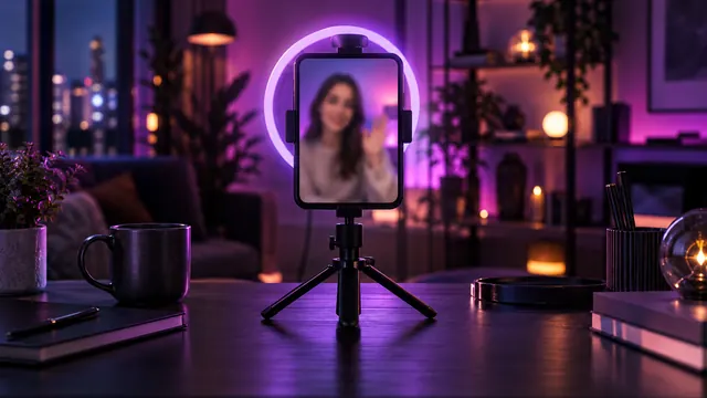 Melhor namorada IA com vídeo: smartphone em um tripé mostrando uma mulher em chamada de vídeo, com um anel de luz roxo