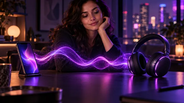 Melhor namorada IA com voz: mulher sorridente, com uma onda sonora luminosa ligando um smartphone a um fone de ouvido