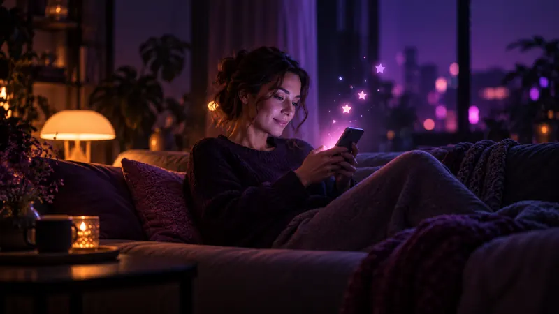 Reviews de namorada IA: mulher no sofá lendo no smartphone, com pequenas estrelas brilhantes acima da tela
