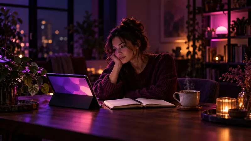 Blog sobre namorada IA: mulher lendo à noite em uma mesa, com um tablet, um caderno aberto e uma xícara de chá