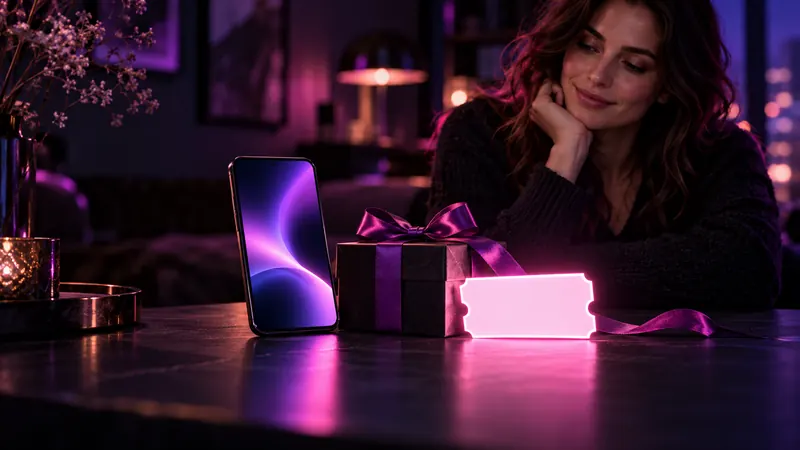 Cupons de namorada IA: mulher sorrindo atrás de um smartphone, com um presente de laço roxo e um cupom de desconto iluminado