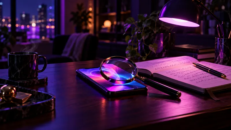 Metodologia do comparativo de namorada IA: lupa sobre um smartphone aceso ao lado de um caderno e uma caneta, sob uma luminária roxa