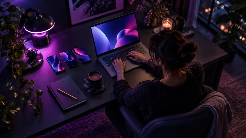 Parceiros do comparativo de namorada IA: mulher trabalhando à noite no notebook, com vários smartphones enfileirados sobre a mesa