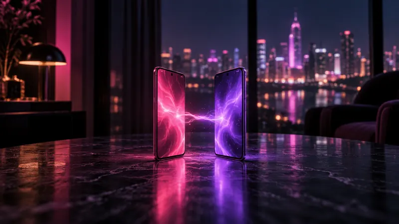 Frente a frente de namorada IA: dois smartphones frente a frente sobre uma mesa escura, um rosa e outro roxo, com uma faísca de luz entre eles