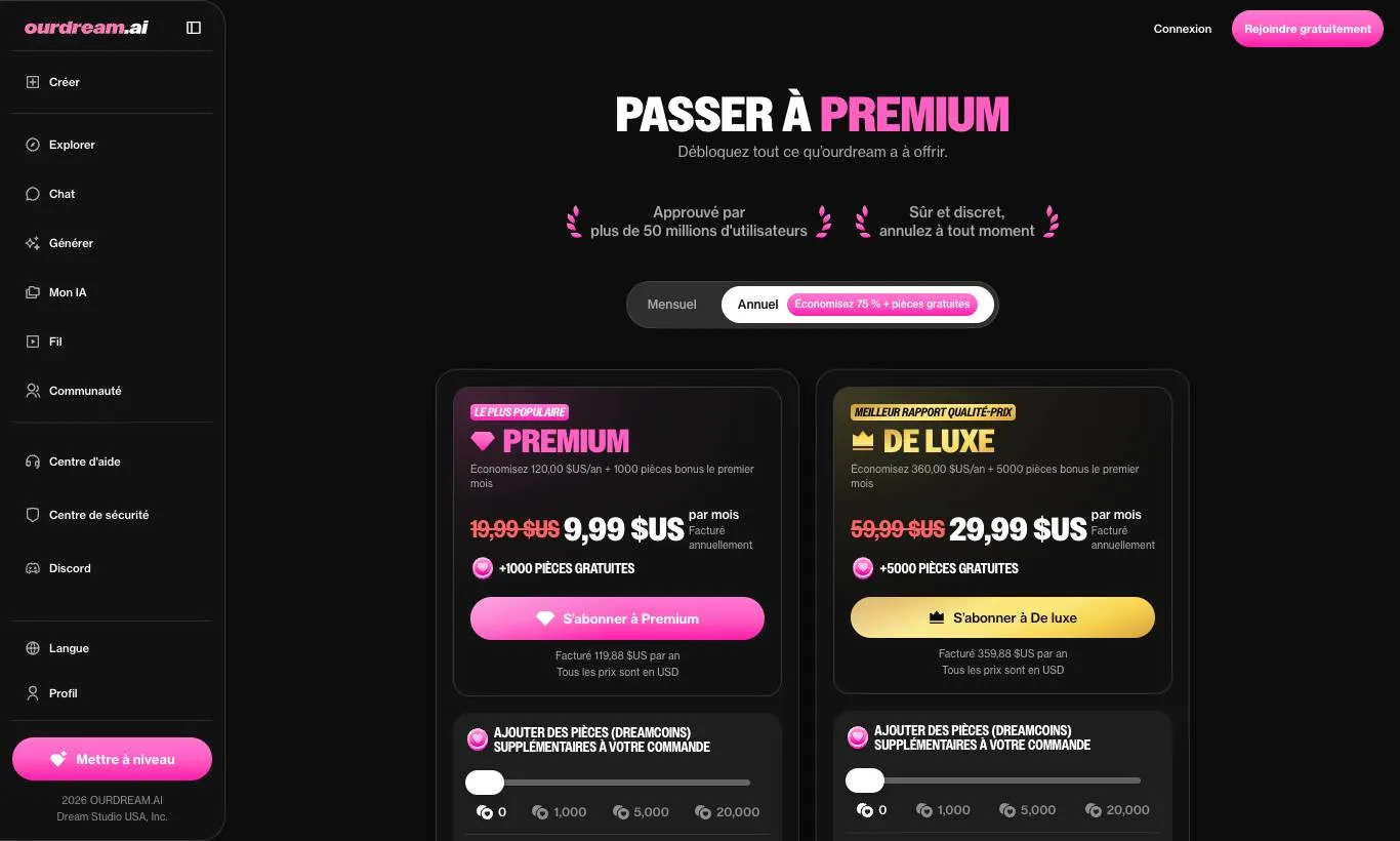 Captura de tela dos preços de OurDream AI (namorada IA) na página oficial de assinatura, registrada em 30/09/2026