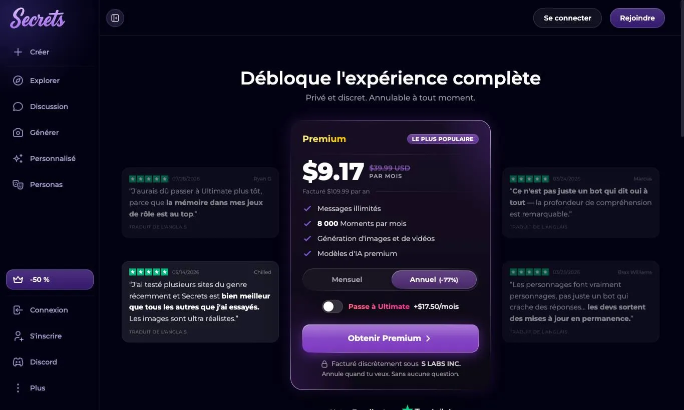 Captura de tela dos preços de Secrets AI (namorada IA) na página oficial de assinatura, registrada em 30/09/2026